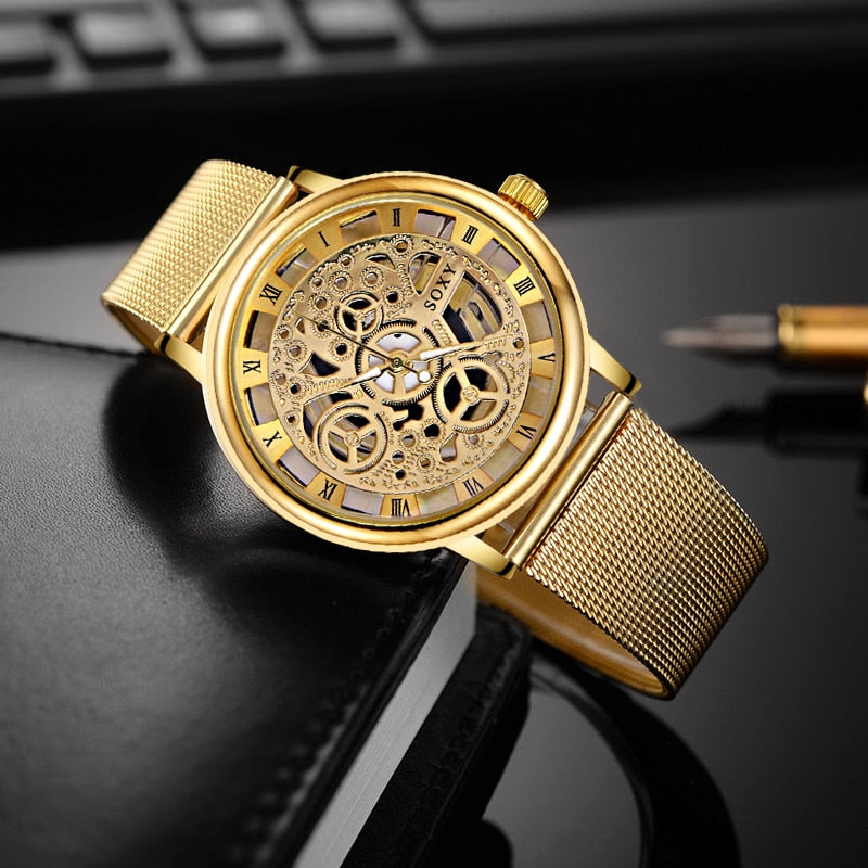 SOXY Luxus Skelett Herrenuhr Damen Armbanduhren Mode Montre Homme Gold Armbanduhr Herren Stahl Mesh Herrenuhr