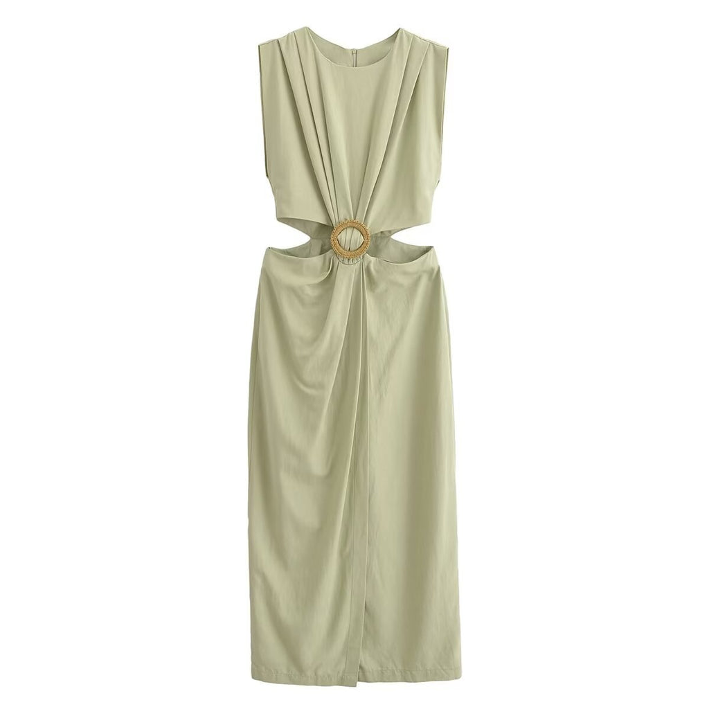 Europäische und amerikanische Mode Street Fashion Hohl-Design Schnallenkleid
