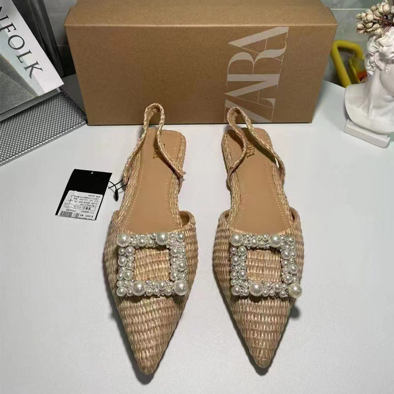 Flache Schuhe Perlen Espadrilles für Damen Lässige Slingback Strassschuhe Damen Frühling Sommer Damen Halbschuhe mit niedrigem Absatz