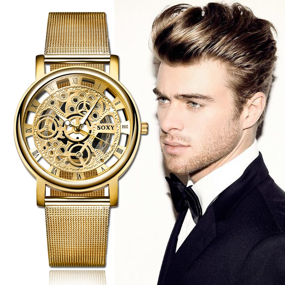 SOXY Luxus Skelett Herrenuhr Damen Armbanduhren Mode Montre Homme Gold Armbanduhr Herren Stahl Mesh Herrenuhr