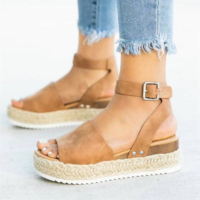Leopard Keilsandaletten für Damen High Heels Sommerschuhe