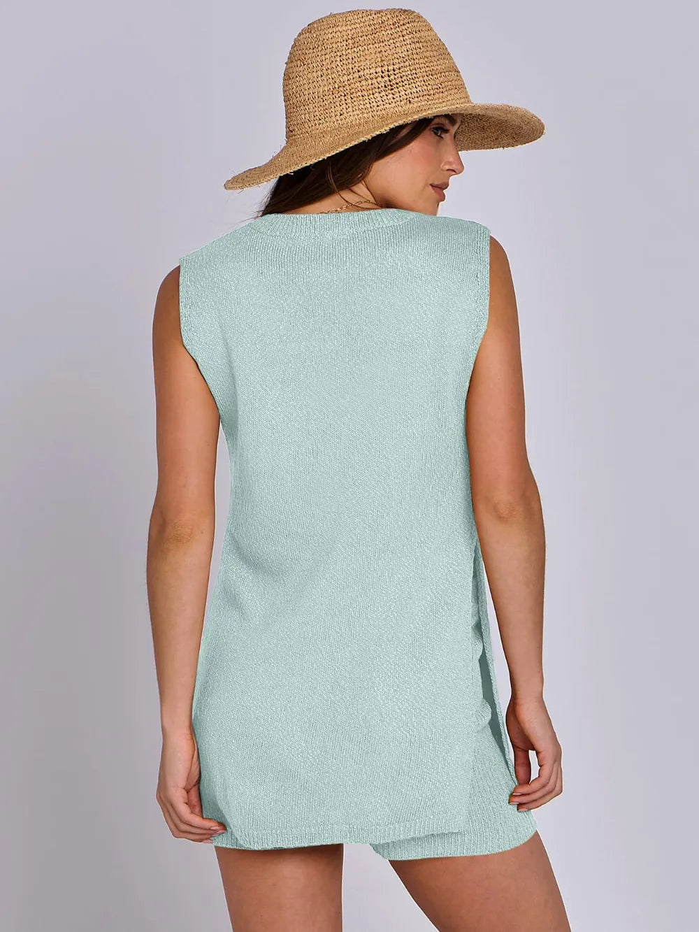 Frühlings- und Sommer-Fashion lässiger, gestrickter, ärmelloser Shorts- und Woll-Kleidungs-Set