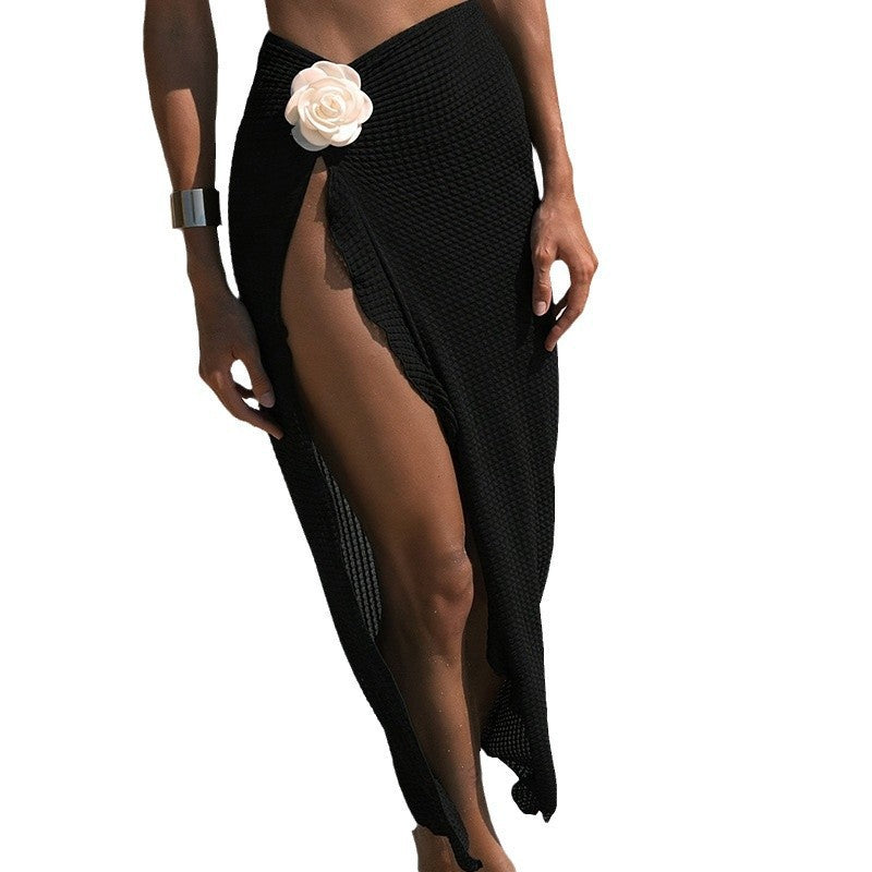 Einfarbiger geblümter Wickel-Bikini Bademode Mesh Sexy Badeanzug Damen Split Strandkleid