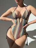 Bunter Häkeltextur-Badeanzug mit schmaler Passform und sexy Neckholder