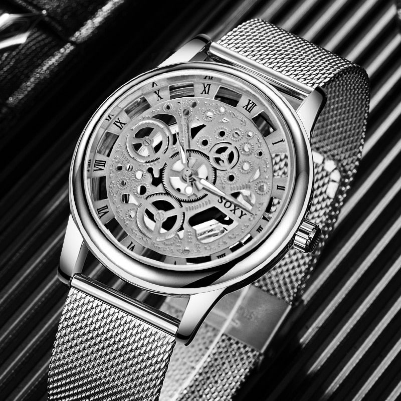 SOXY Luxus Skelett Herrenuhr Damen Armbanduhren Mode Montre Homme Gold Armbanduhr Herren Stahl Mesh Herrenuhr