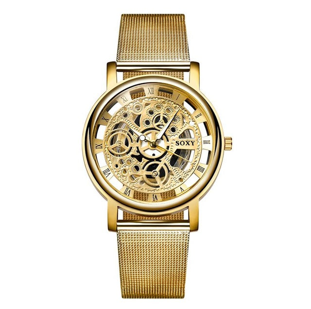 SOXY Luxus Skelett Herrenuhr Damen Armbanduhren Mode Montre Homme Gold Armbanduhr Herren Stahl Mesh Herrenuhr
