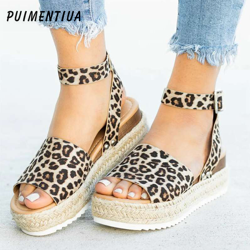 Leopard Keilsandaletten für Damen High Heels Sommerschuhe
