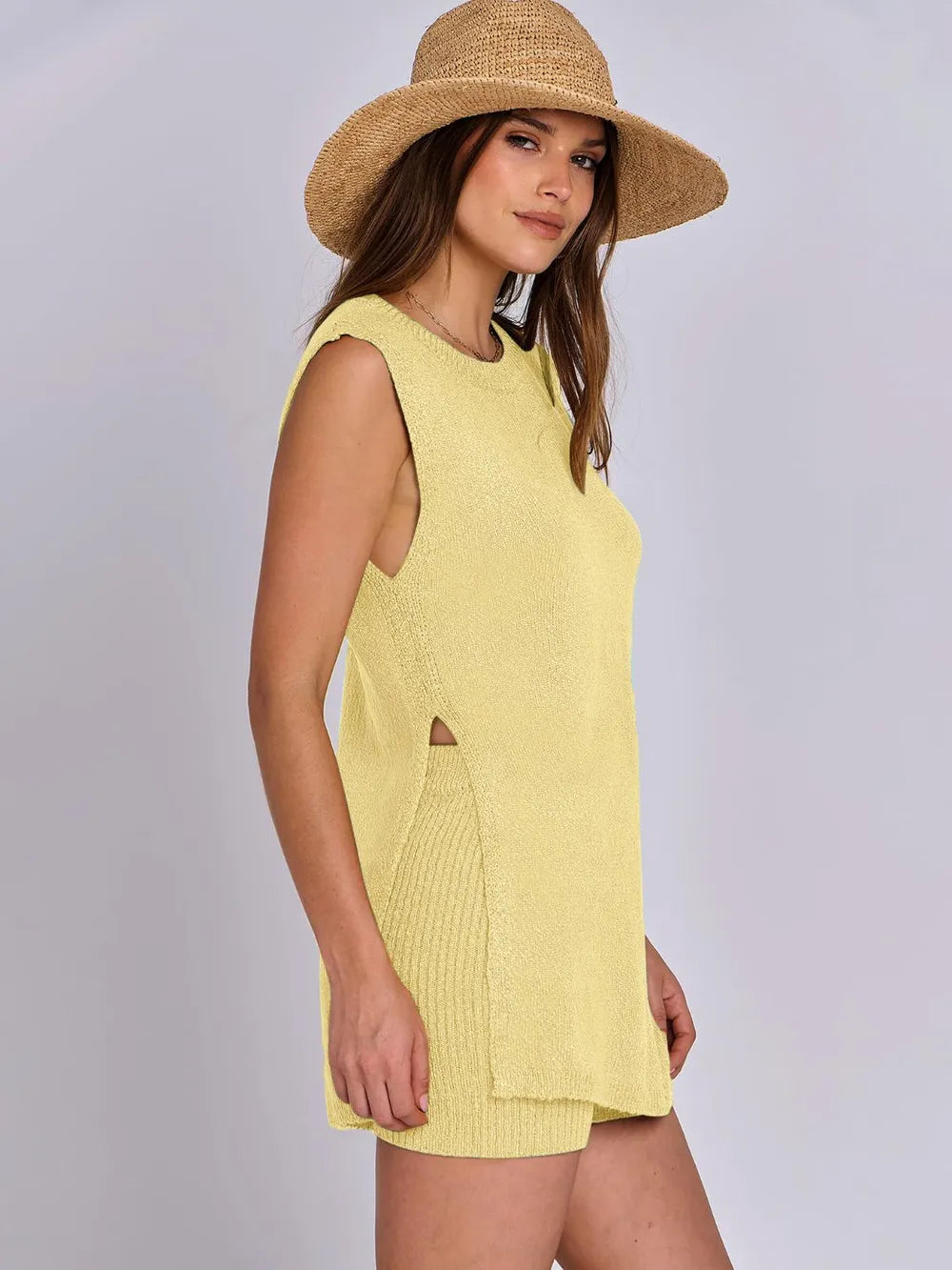 Frühlings- und Sommer-Fashion lässiger, gestrickter, ärmelloser Shorts- und Woll-Kleidungs-Set