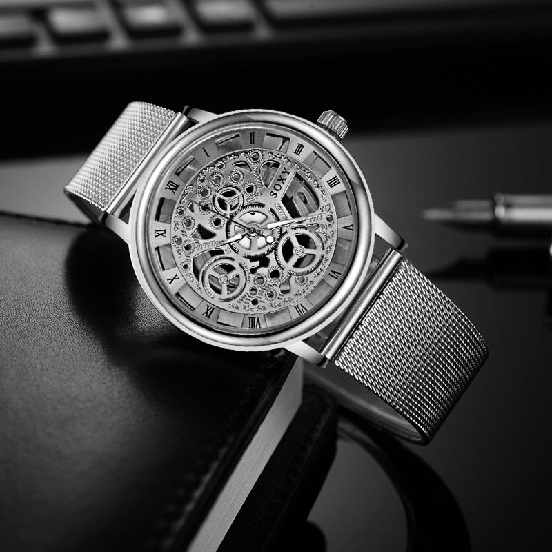 SOXY Luxus Skelett Herrenuhr Damen Armbanduhren Mode Montre Homme Gold Armbanduhr Herren Stahl Mesh Herrenuhr