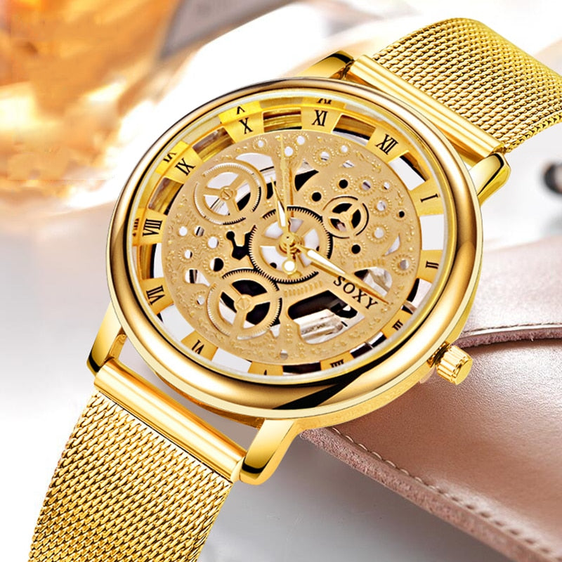 SOXY Luxus Skelett Herrenuhr Damen Armbanduhren Mode Montre Homme Gold Armbanduhr Herren Stahl Mesh Herrenuhr