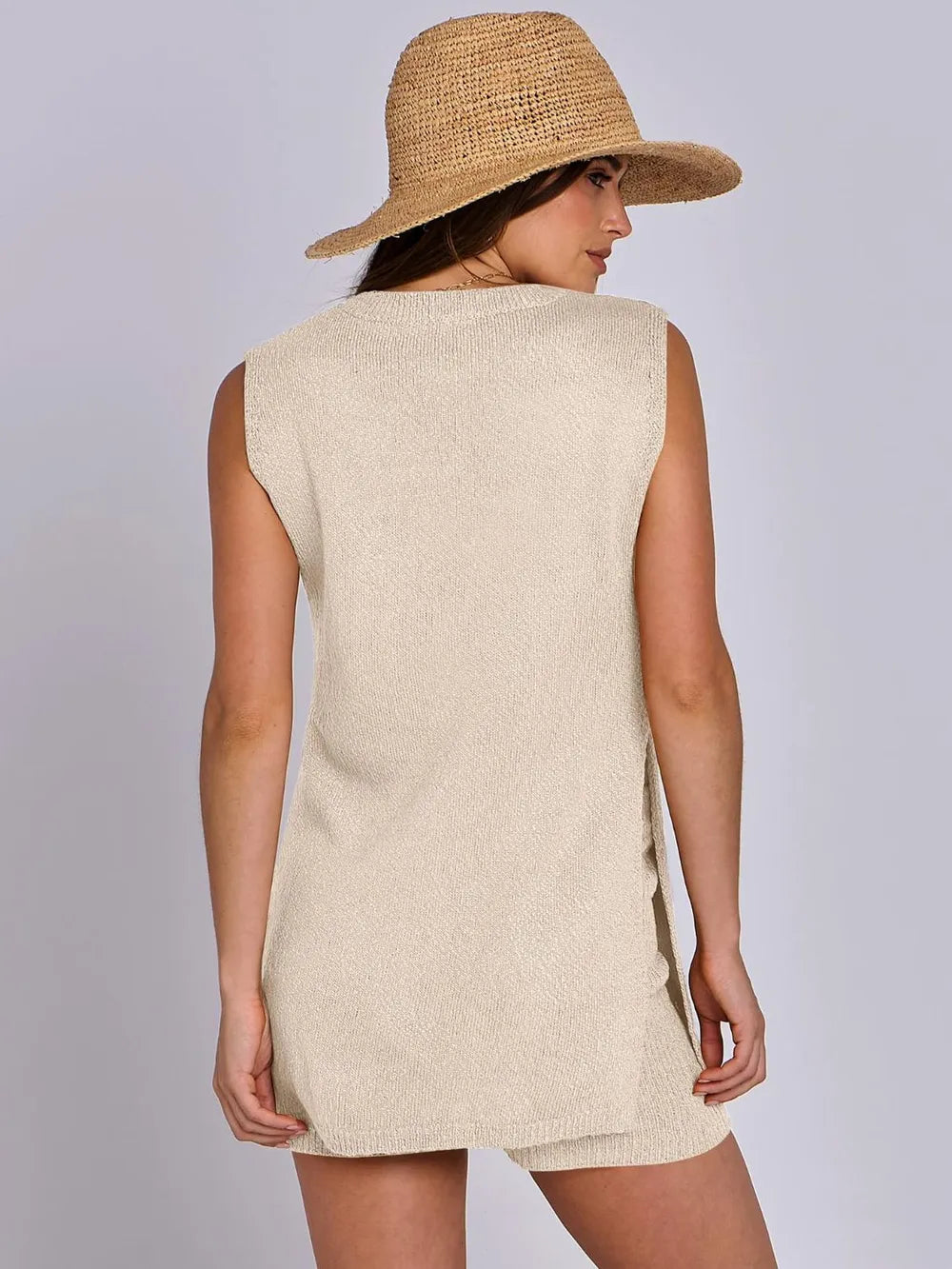 Frühlings- und Sommer-Fashion lässiger, gestrickter, ärmelloser Shorts- und Woll-Kleidungs-Set