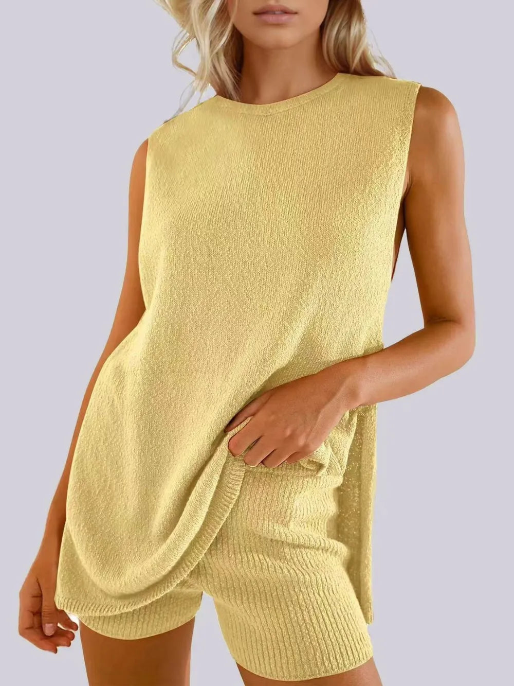 Frühlings- und Sommer-Fashion lässiger, gestrickter, ärmelloser Shorts- und Woll-Kleidungs-Set
