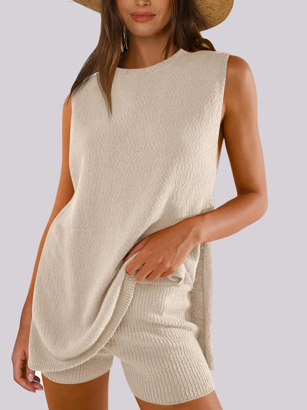 Frühlings- und Sommer-Fashion lässiger, gestrickter, ärmelloser Shorts- und Woll-Kleidungs-Set