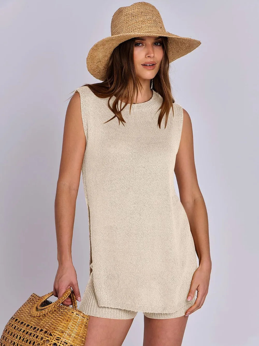 Frühlings- und Sommer-Fashion lässiger, gestrickter, ärmelloser Shorts- und Woll-Kleidungs-Set