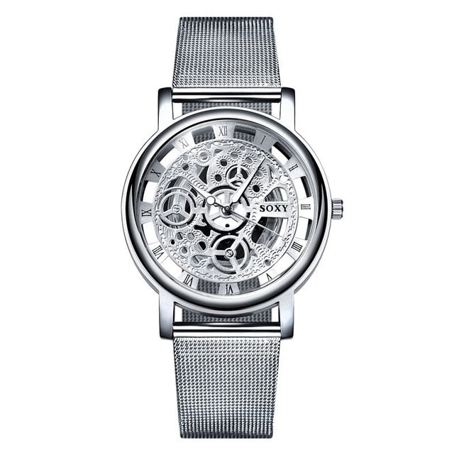 SOXY Montre de luxe squelette pour hommes et femmes, Montre-bracelet tendance, Montre Homme Dorée, Montre pour hommes en maille d'acier