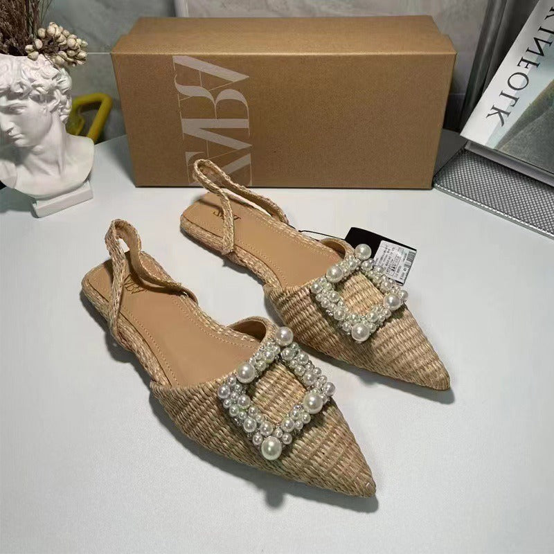 Flache Schuhe Perlen Espadrilles für Damen Lässige Slingback Strassschuhe Damen Frühling Sommer Damen Halbschuhe mit niedrigem Absatz