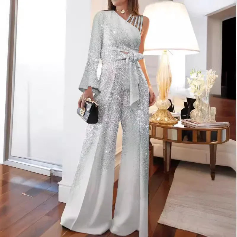 Festliches Pailletten-Set | Oberteil mit One-Shoulder-Träger + weite Hose in großen Größen