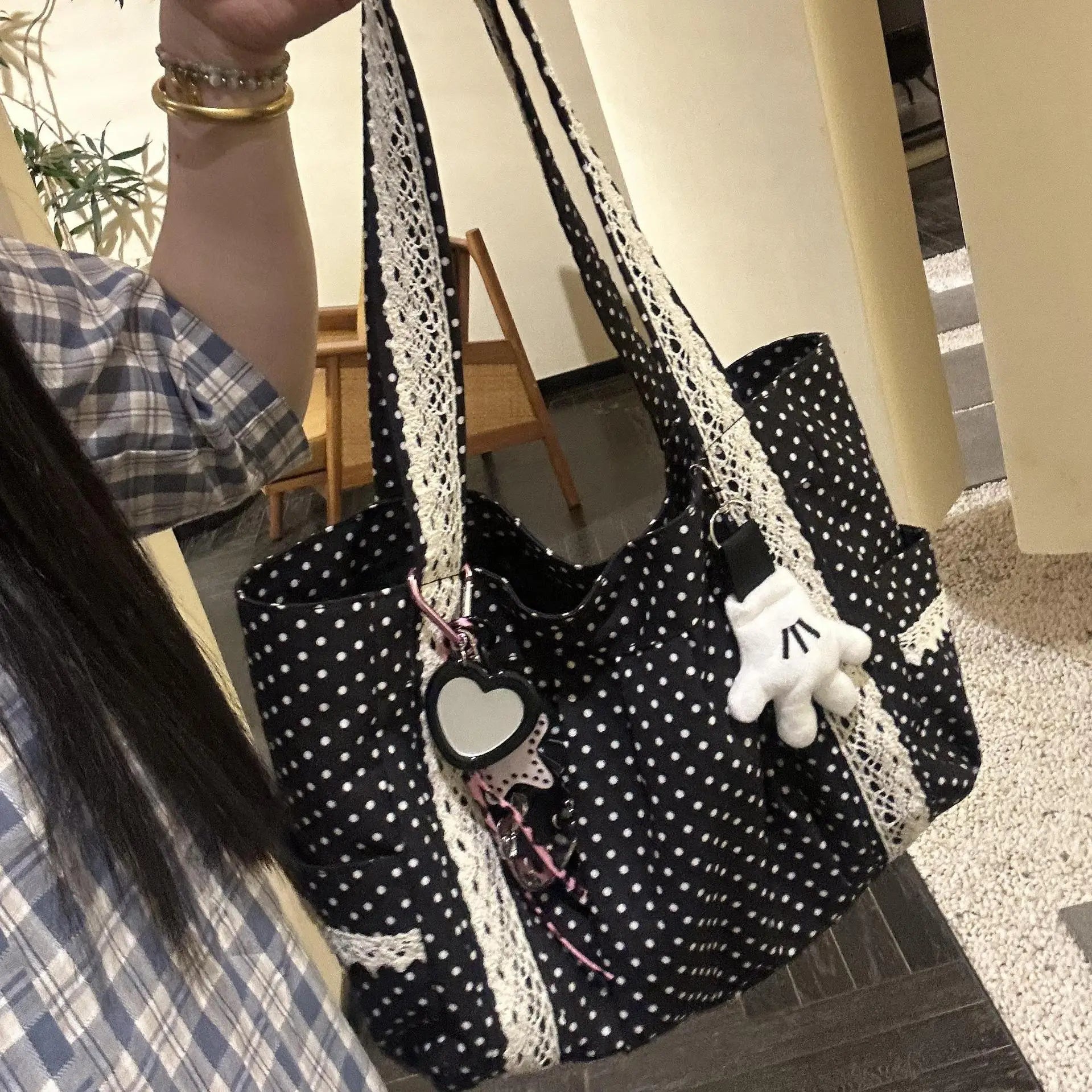 Koreanische Canvas-Umhängetasche | Vintage-Stil mit Spitze