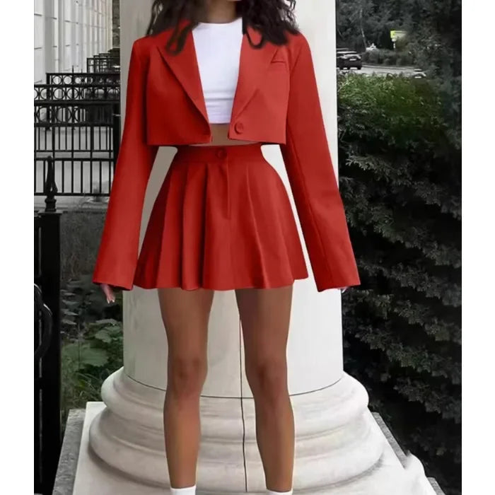 Kurzer Blazer + Minirock Plissiert Set | Elegante Streetwear
