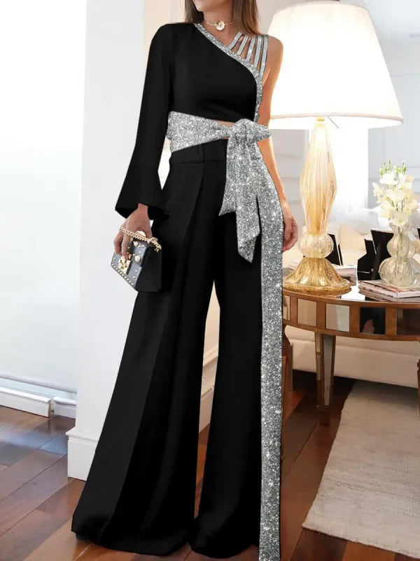 Festliches Pailletten-Set | Oberteil mit One-Shoulder-Träger + weite Hose in großen Größen