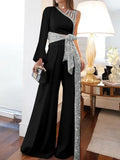 Festliches Pailletten-Set | Oberteil mit One-Shoulder-Träger + weite Hose in großen Größen