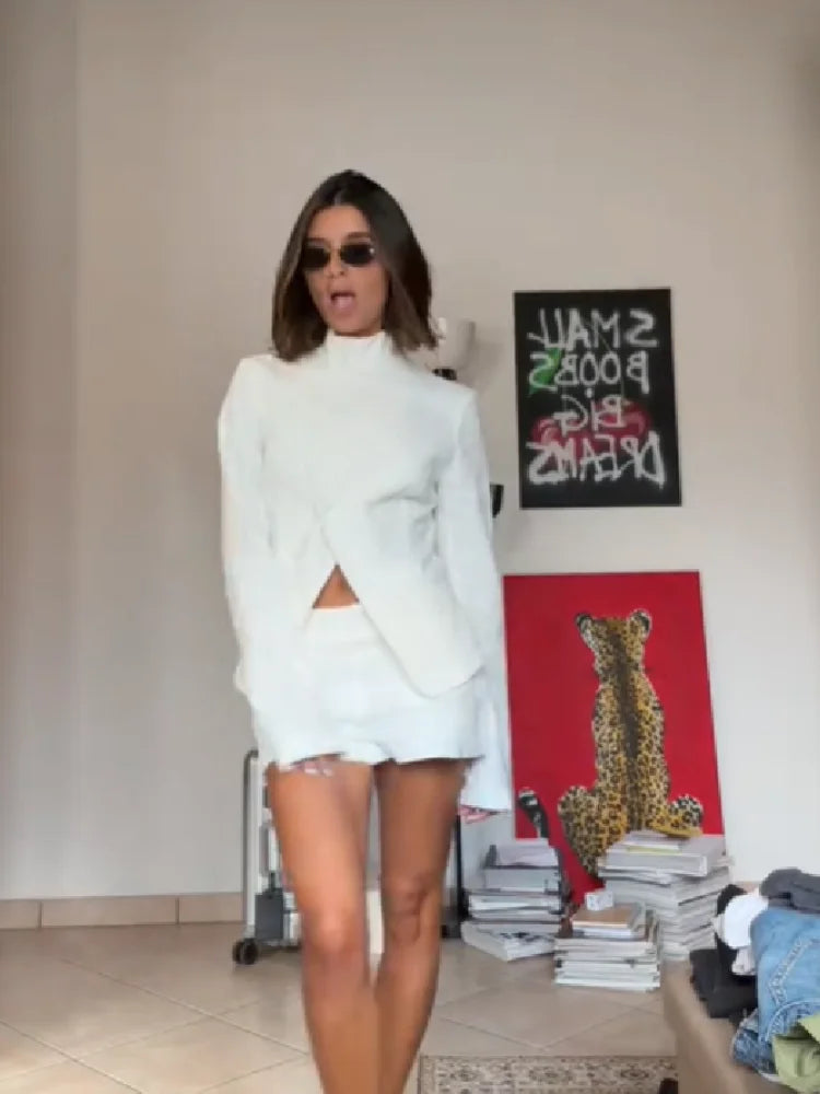 Ensemble en lin blanc | Blazer asymétrique + Short taille haute