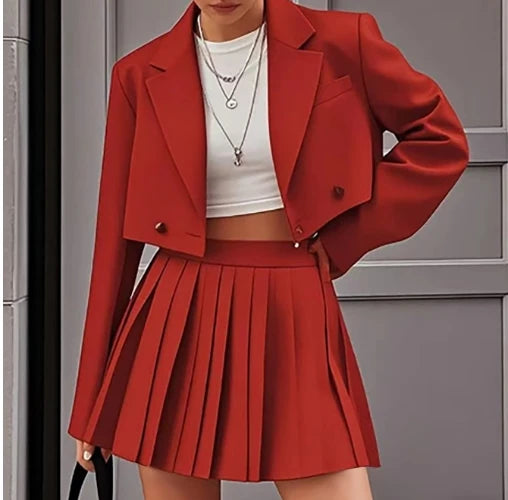 Kurzer Blazer + Minirock Plissiert Set | Elegante Streetwear