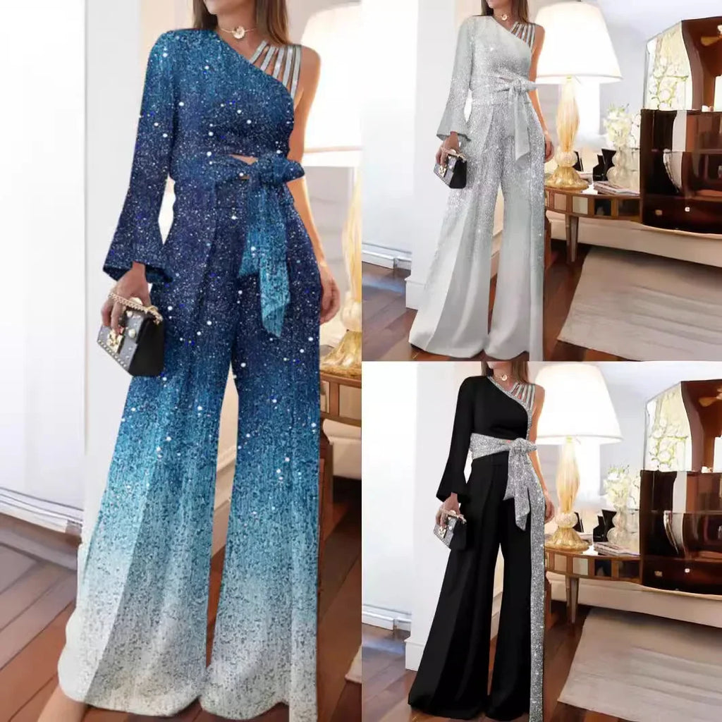 Festliches Pailletten-Set | Oberteil mit One-Shoulder-Träger + weite Hose in großen Größen