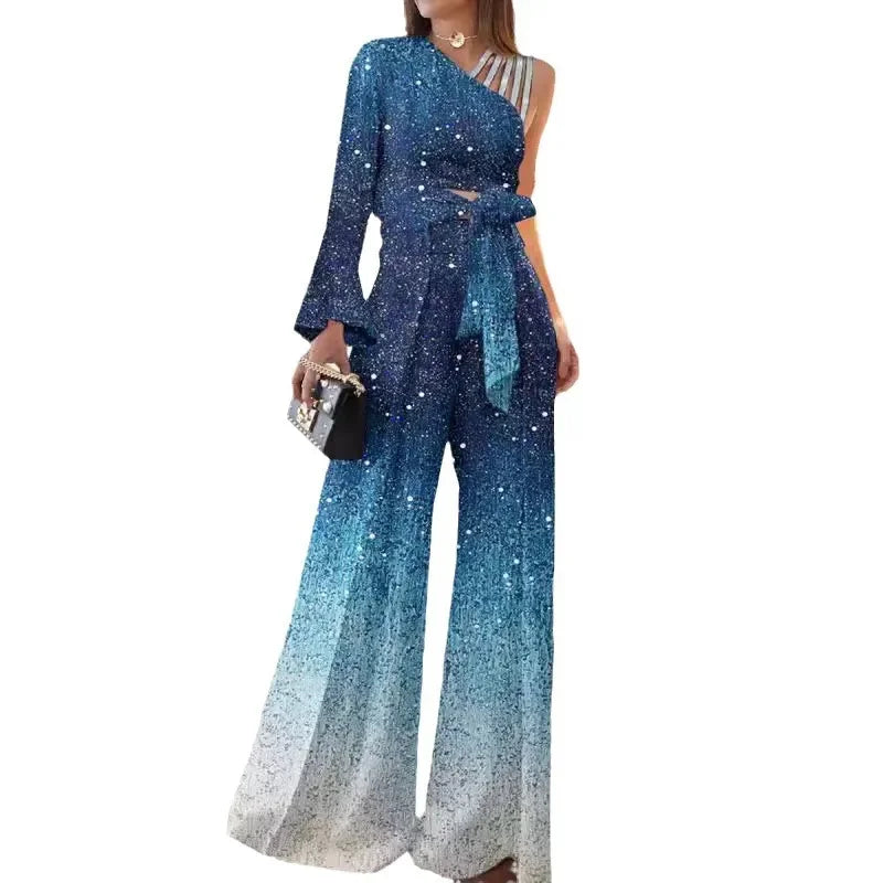 Festliches Pailletten-Set | Oberteil mit One-Shoulder-Träger + weite Hose in großen Größen