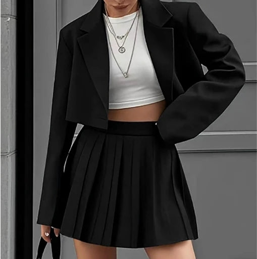 Kurzer Blazer + Minirock Plissiert Set | Elegante Streetwear